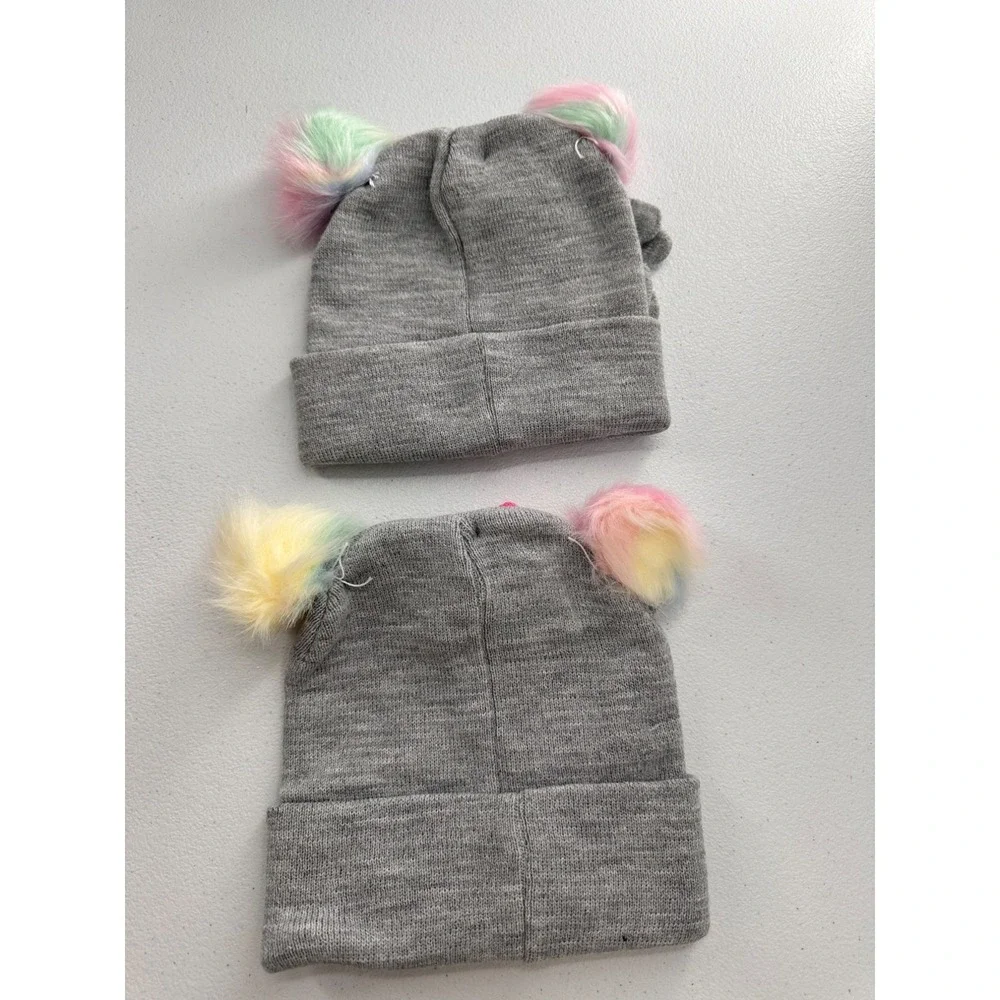 Cute Gray Knit Beanie & Mittens Set With Multicolor Pom Poms Girls Winter‎ Hat